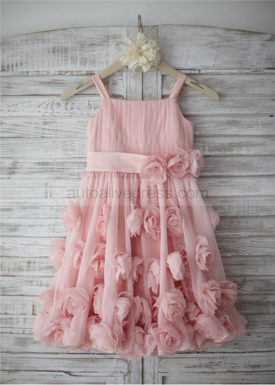 Pink Chiffon 30D flowers Straps Knee Length Flower Girl Dress 